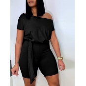 LW Casual Boat Neck Bandage Design Black One-piece