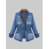 LW Plus Size Zipper Pocket Design Blue Denim Coat 
