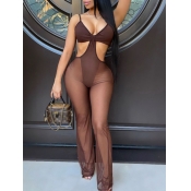 LW SXY  See-through Hollow-out Brown One-piece Jum