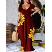 LW Plus Size U Neck Sunflower Print Dress