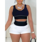 LW Casual U Neck Color-lump Black Two Piece Shorts