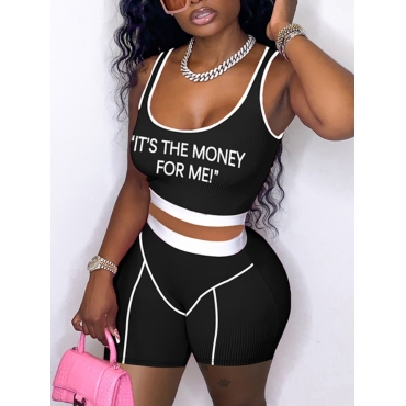 

Lovely Sporty Letter Print Rib-Knit Black Two Piece Shorts Set