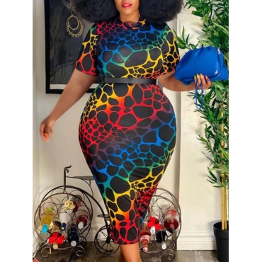 

Lovely Plus Size Casual O Neck Leopard Print Multicolor Mid Calf Dress, Multi