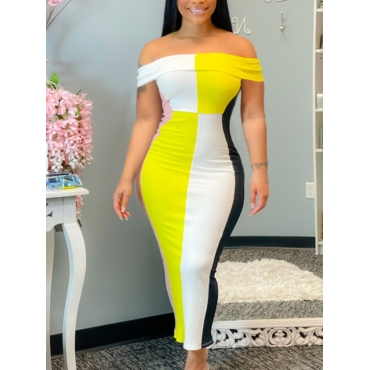 

Lovely Casual Off The Shoulder Color-lump Yellow Ankle Length Dress