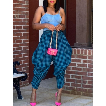 

LW Street Plaid Print Fold Design Deep Blue Pants