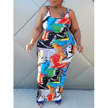 

Lovely Plus Size Street U Neck Color-lump Patchwork Skyblue Floor Length Dress