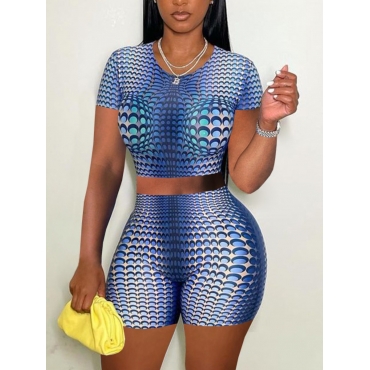 

LW Street Round Neck Geometric Print Blue Two Piece Shorts Set
