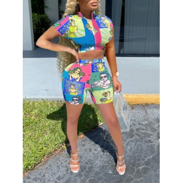 

Lovely Street Portrait Print Patchwork Green Two Piece Shorts Set