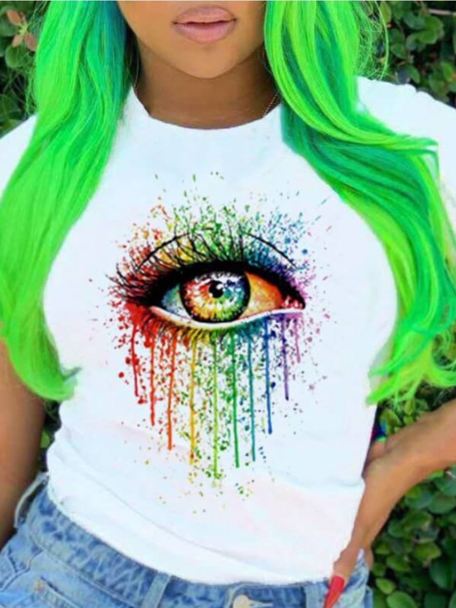 LovelyWholesale Street Eye Print White T-shirt Summer Short Sleeve Street Basic Round Neck Spring Summer 2024