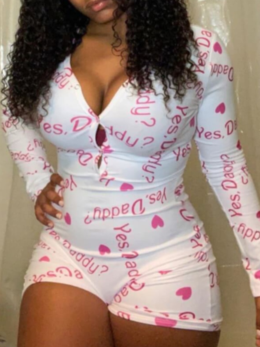 

LW BASICS Casual Letter Print White One-piece Romper
