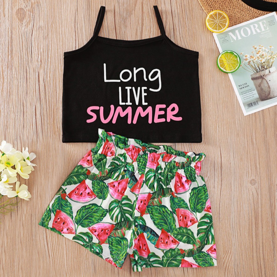 

Lovely Girl Boho Watermelon Letter Print Black Two Piece Shorts Set