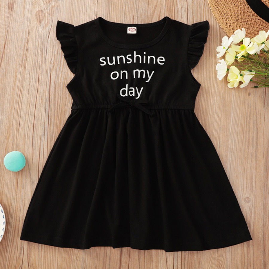 

Lovely Girl Casual Letter Print Flounce Design Black Knee Length Dress
