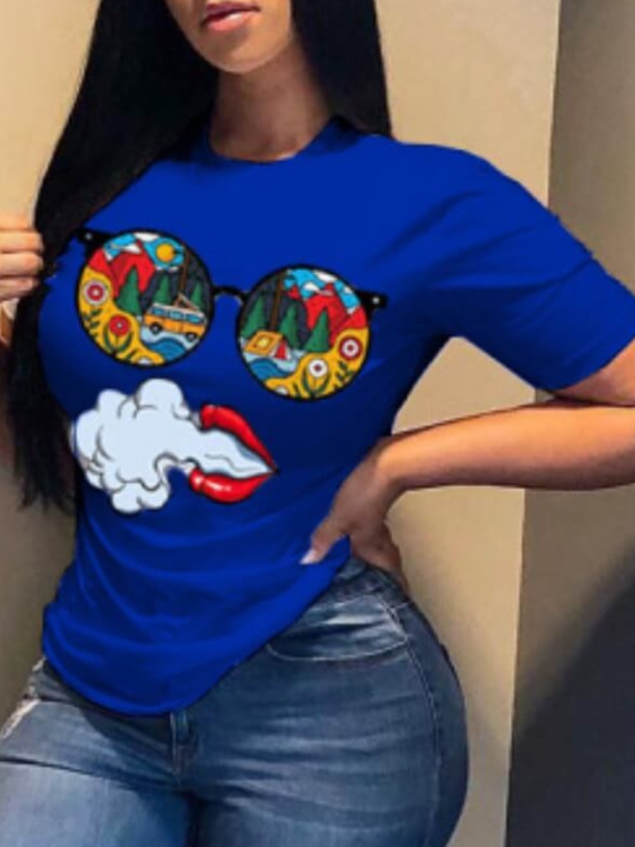LovelyWholesale O Neck Print Blue T-shirt Summer Short Sleeve Casual Basic Round Neck Spring Summer 2024
