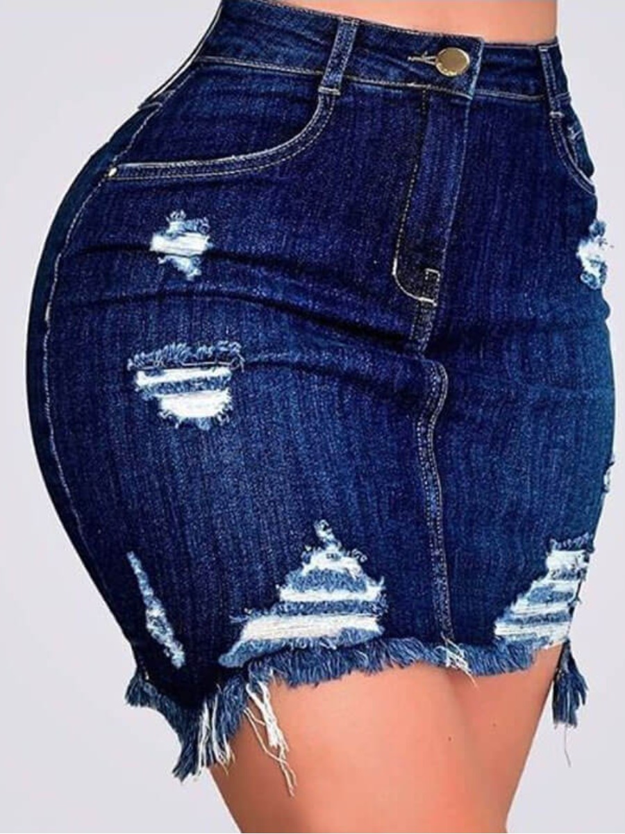 LW High Stretchy Broken Holes Deep Blue Denim Skirt