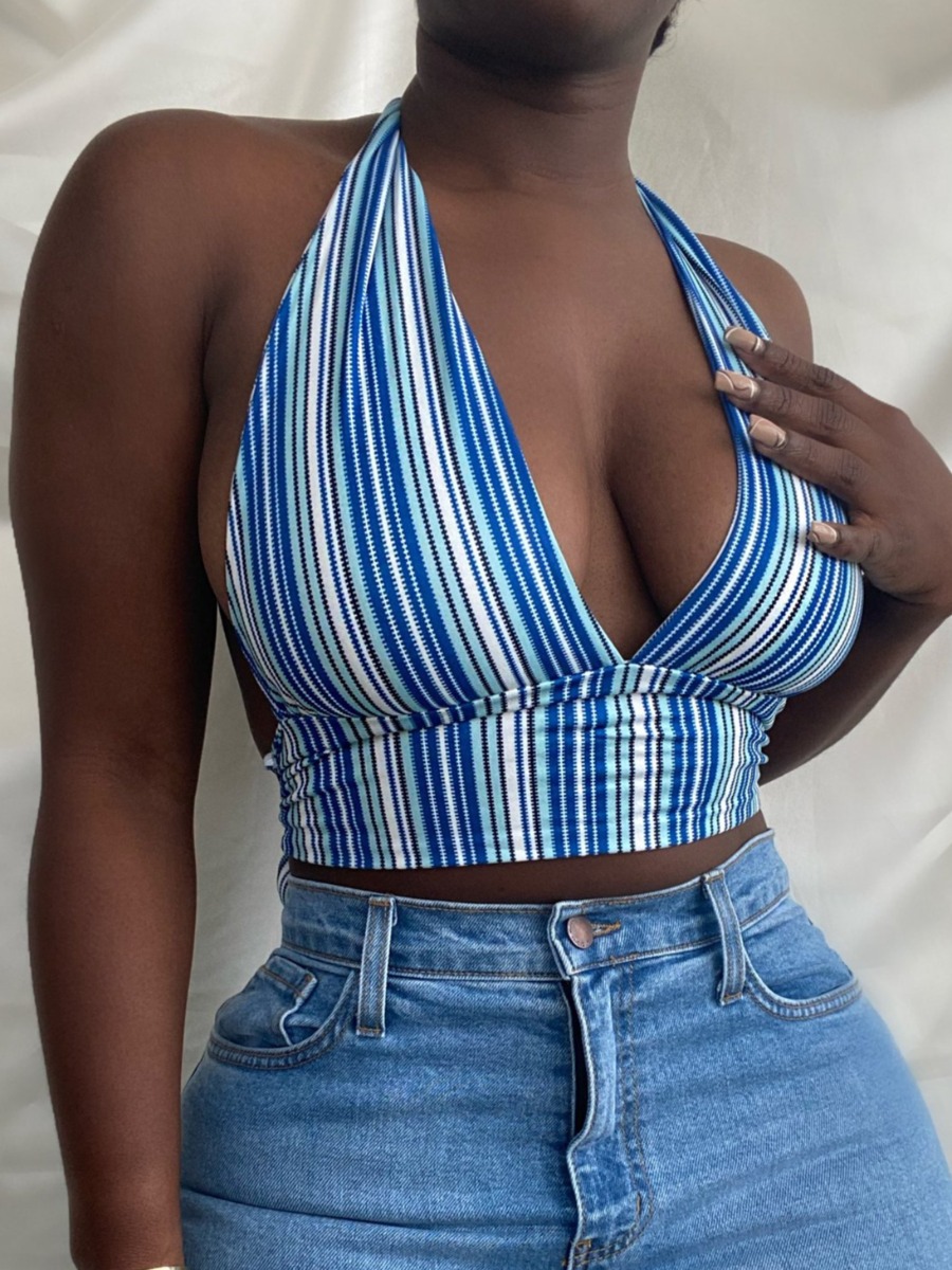 

Lovely Plus Size Sexy Striped Backless Blue Camisole