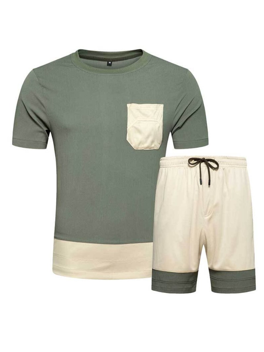 

LW Men Leisure Patchwork Army Green Two-piece Shorts Set