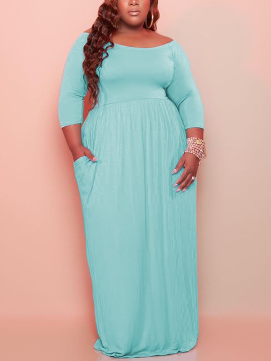 

LW BASIC Plus Size Casual Boat Neck Pocket Design Baby Blue Floor Length Dress
