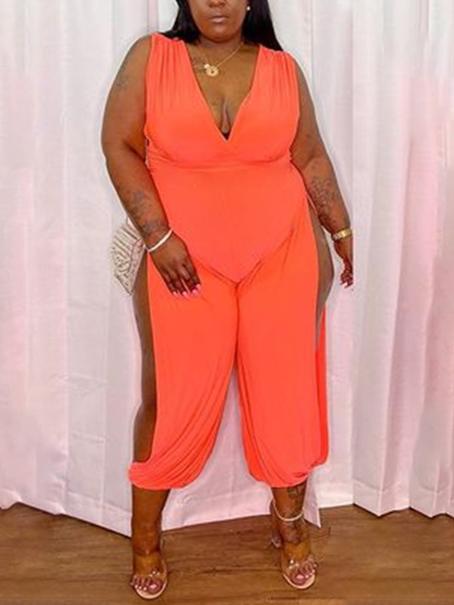 

Lovely Plus Size Casual V Neck Split Orange Red One-piece Jumpsuit