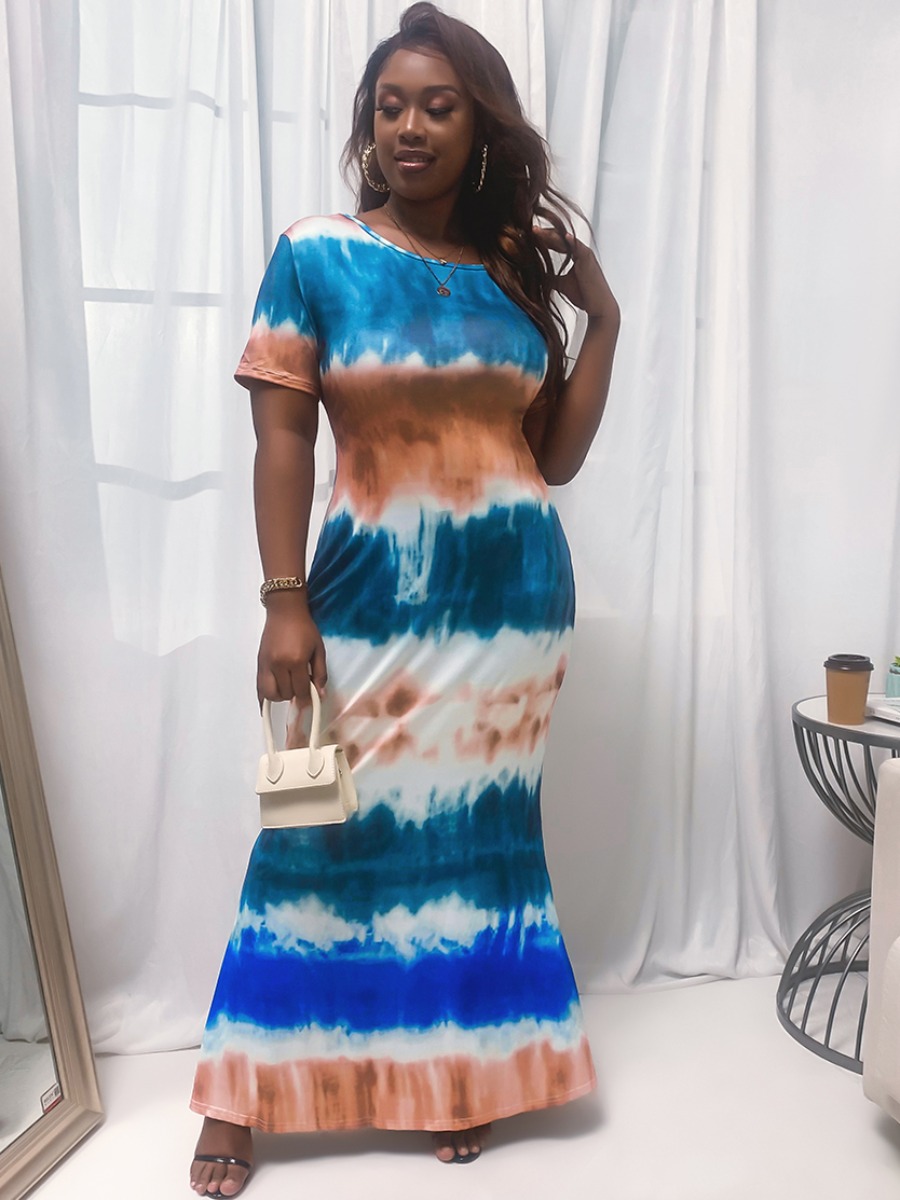 

Lovely Plus Size Casual Round Neck Tie-dye Green Floor Length Dress