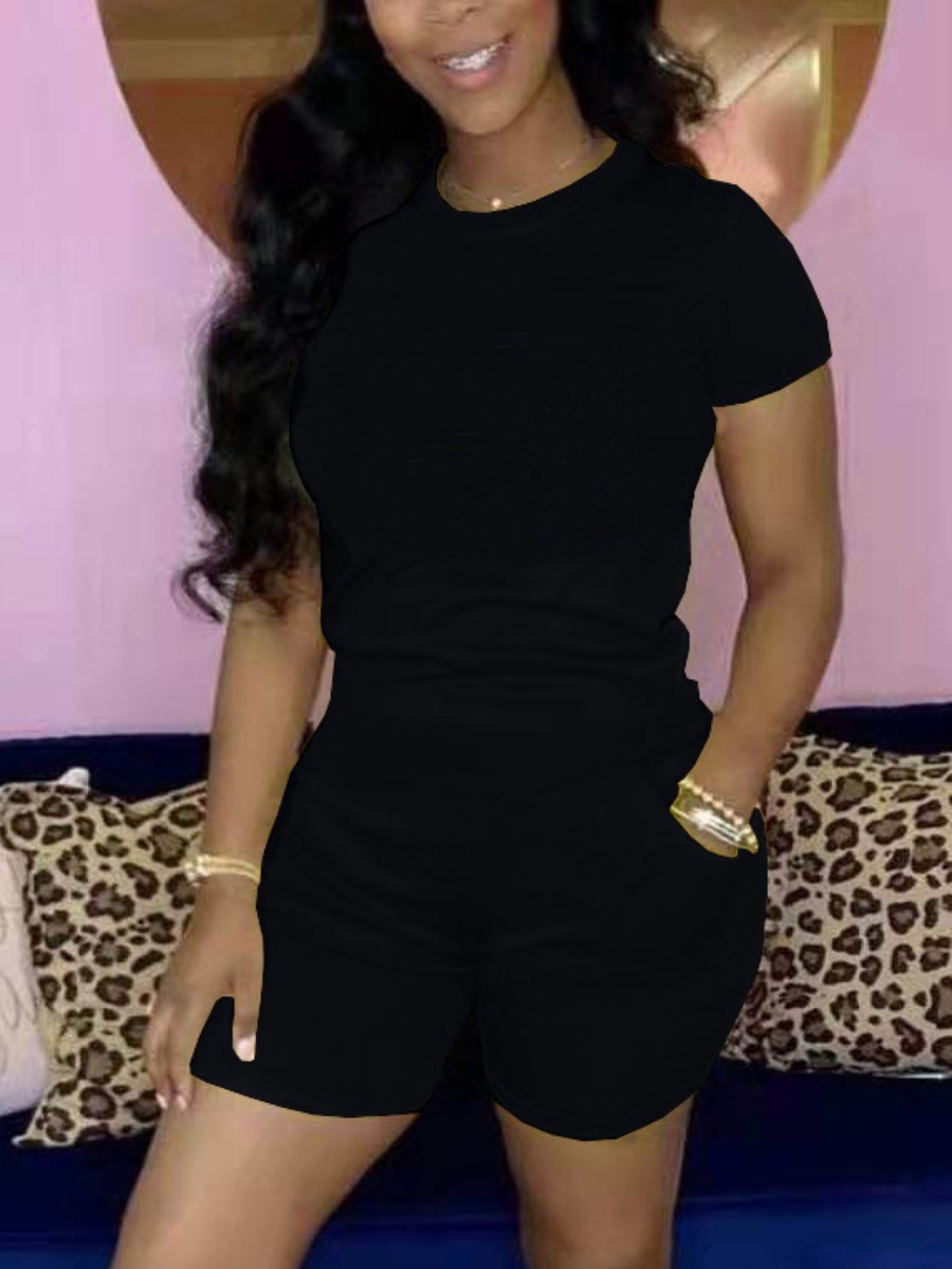 

Lovely Plus Size Sporty Round Neck Skinny Black Two-piece Shorts Set