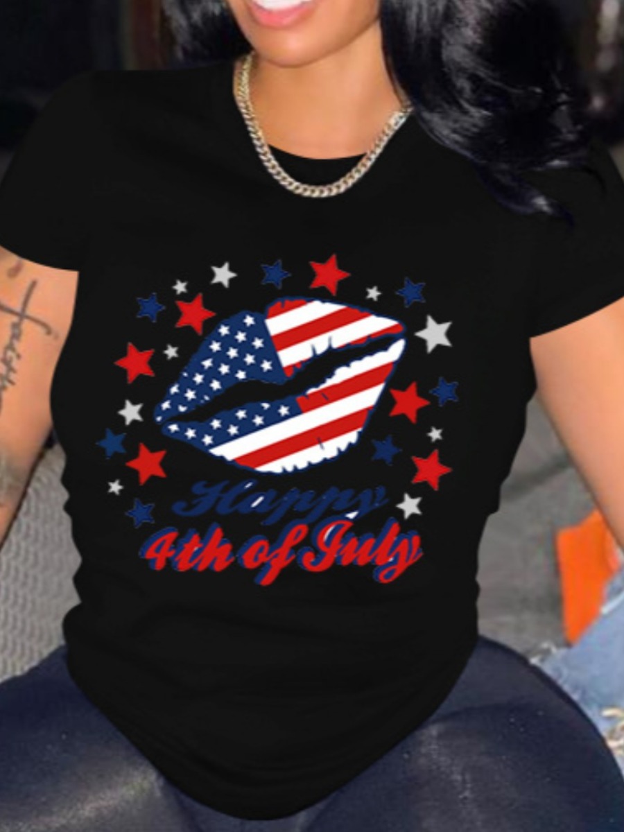 

Lovely Plus Size Casual Lip Star Print Black T-shirt