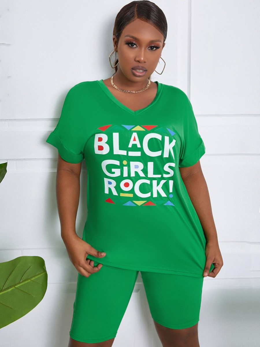 

Lovely Plus Size Casual Letter Print Split Green Two-piece Shorts Set