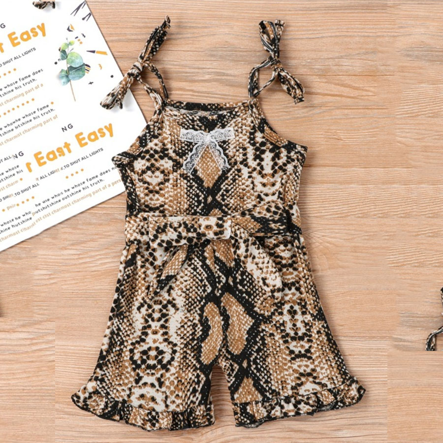 

LW COTTON Girl Casual Python Print Bow-tie Decoration One-piece Romper