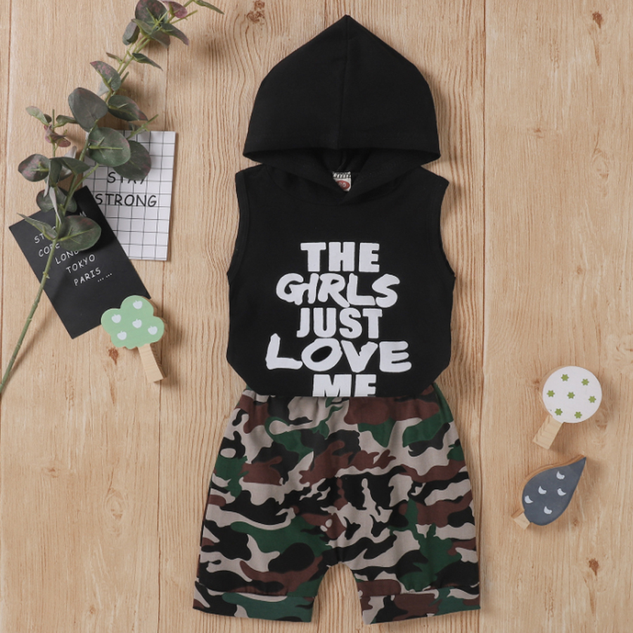 

Lovely Sporty Hooded Collar Letter Camo Print Black Boy Two Piece Shorts Set