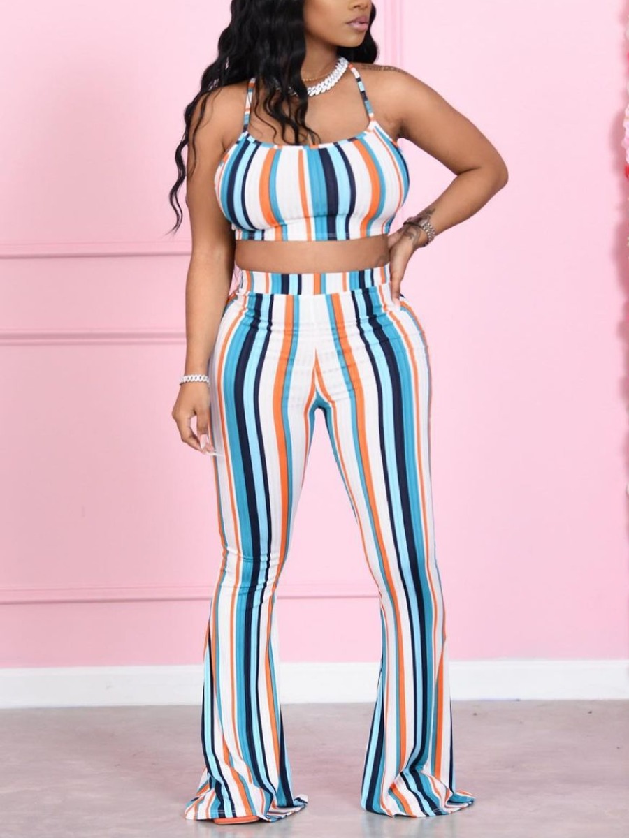 

LW Casual Striped Spaghetti Strap Blue Two Piece Pants Set