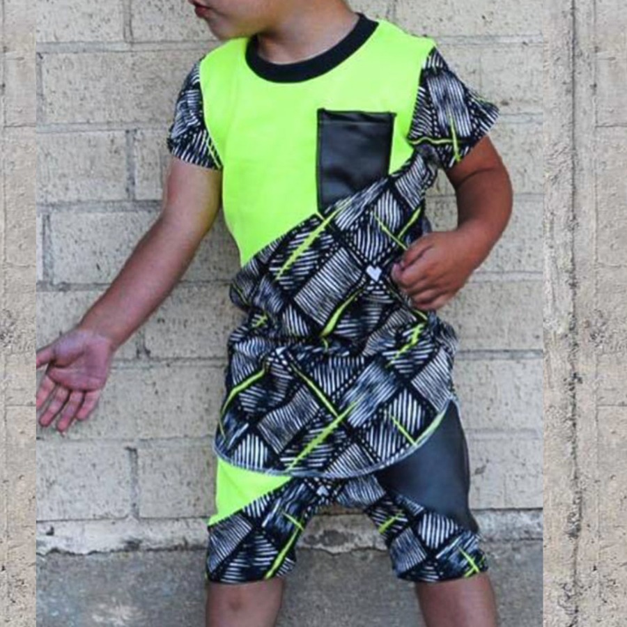 

LW COTTON Casual Patchwork Green Boy Two-piece Shorts Set
