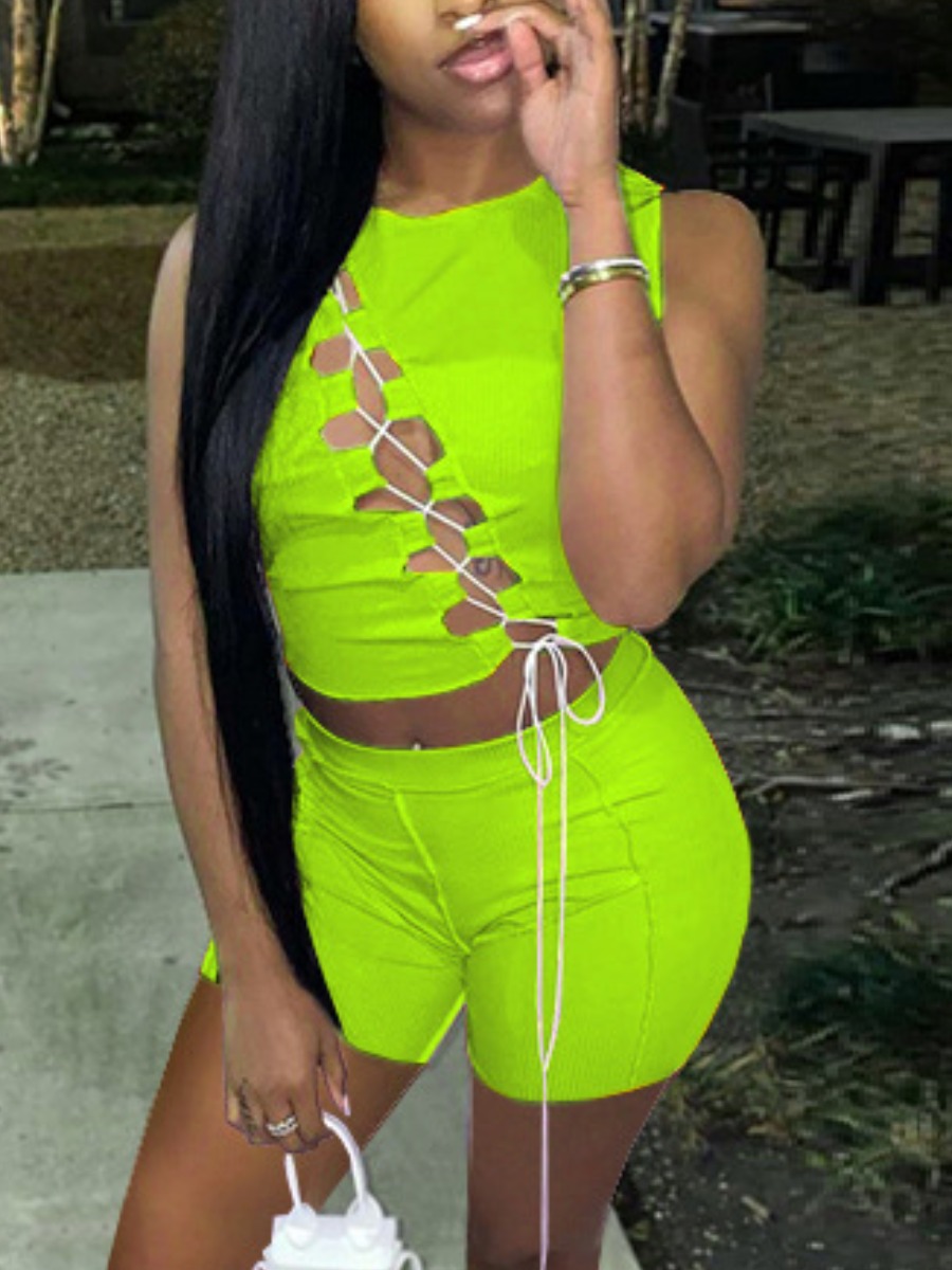 

LW Street Bandage Hollow-out Design Green Two Piece Shorts Set