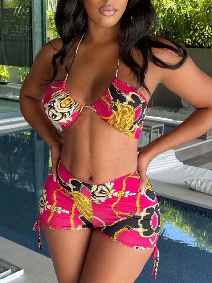 

Lovely Boho Chain Print Drawstring Rose Red Two-piece Swimsuit