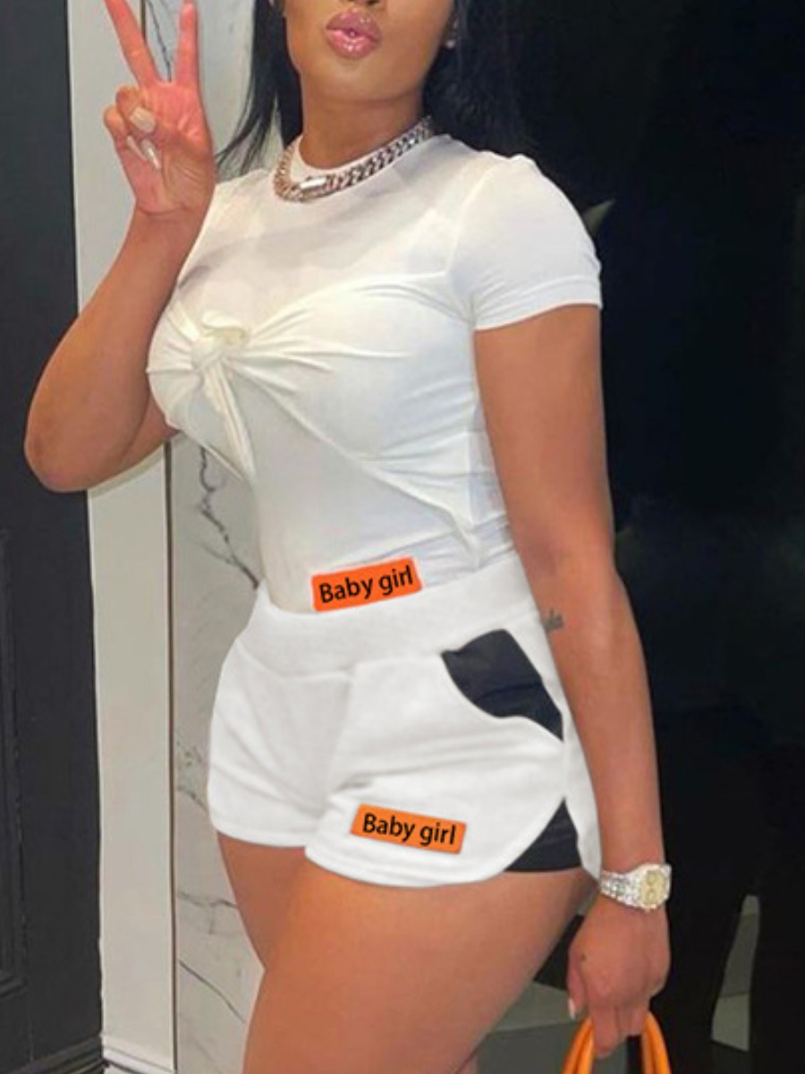 

Lovely Sporty Round Neck Letter Print White Two Piece Shorts Set