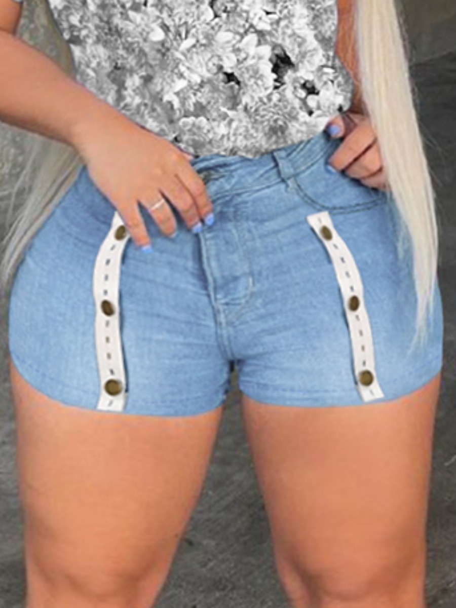

Lovely Plus Size Street Mid Waist Button Design Baby Blue Denim Shorts
