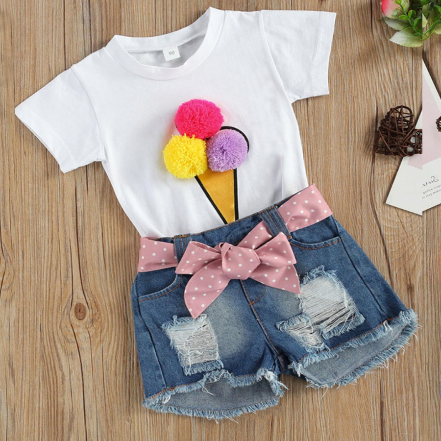 

LW COTTON Girl Street Ripped Bow-tie Decoration White Two Piece Shorts Set