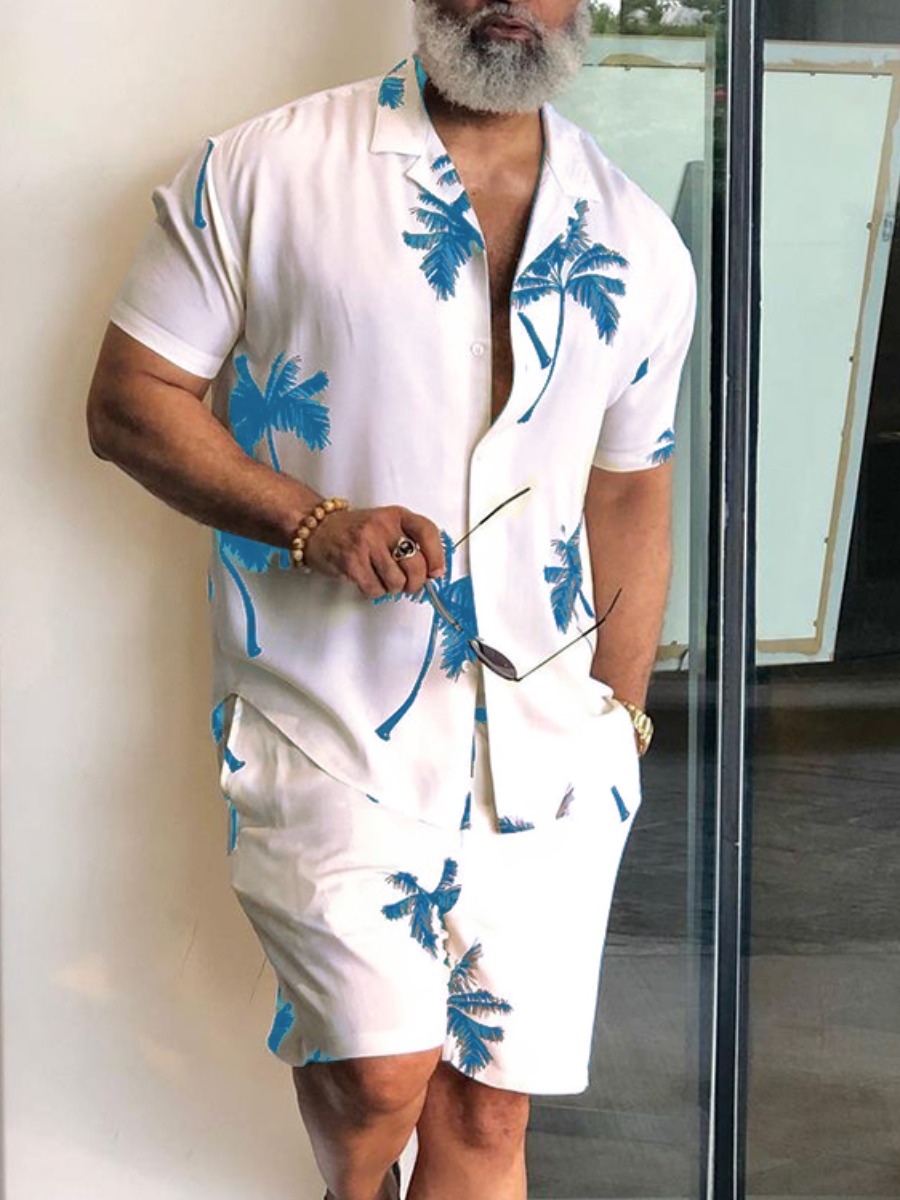 

LW BASICS Men Casual Turndown Collar Floral Print Blue Two Piece Shorts Set