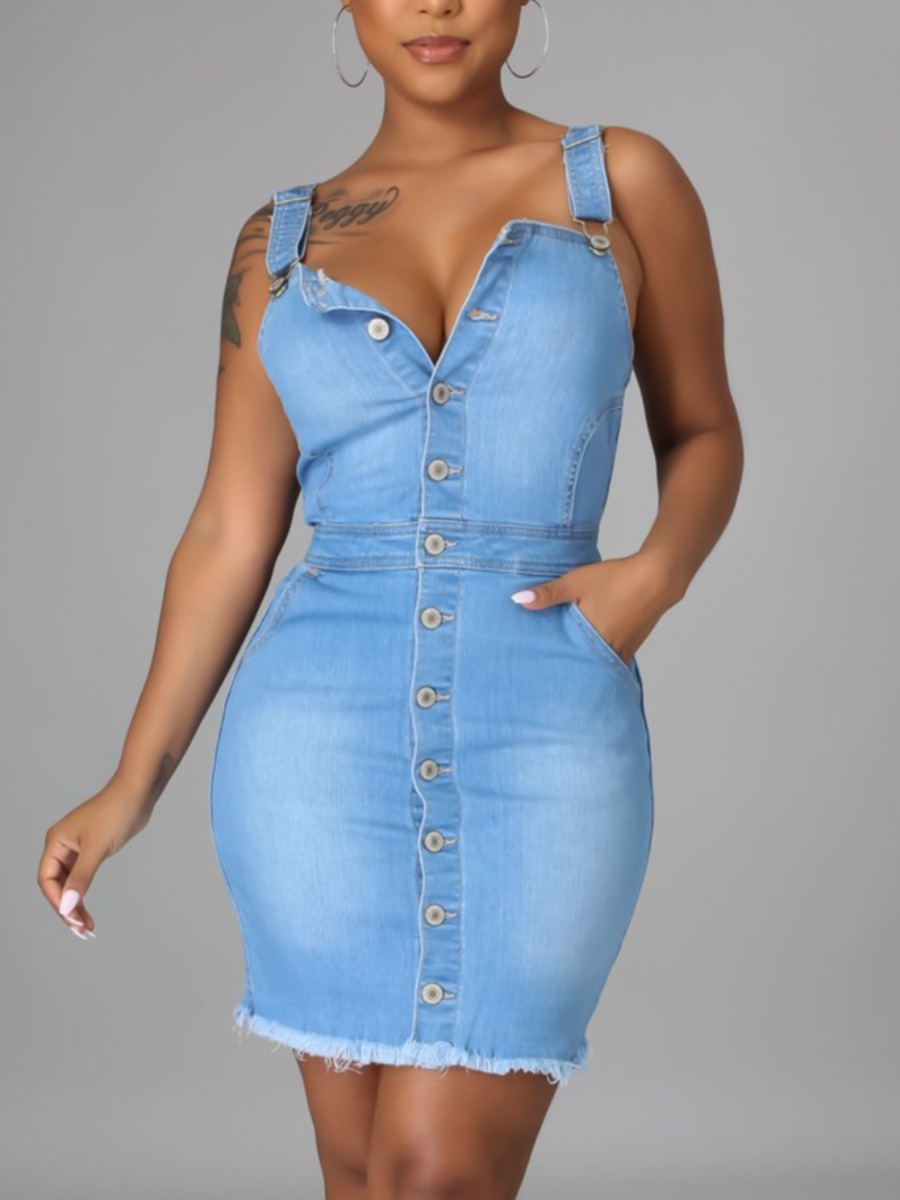 

Lovely Casual Button Design Raw Edge Baby Blue Mini Denim Dress