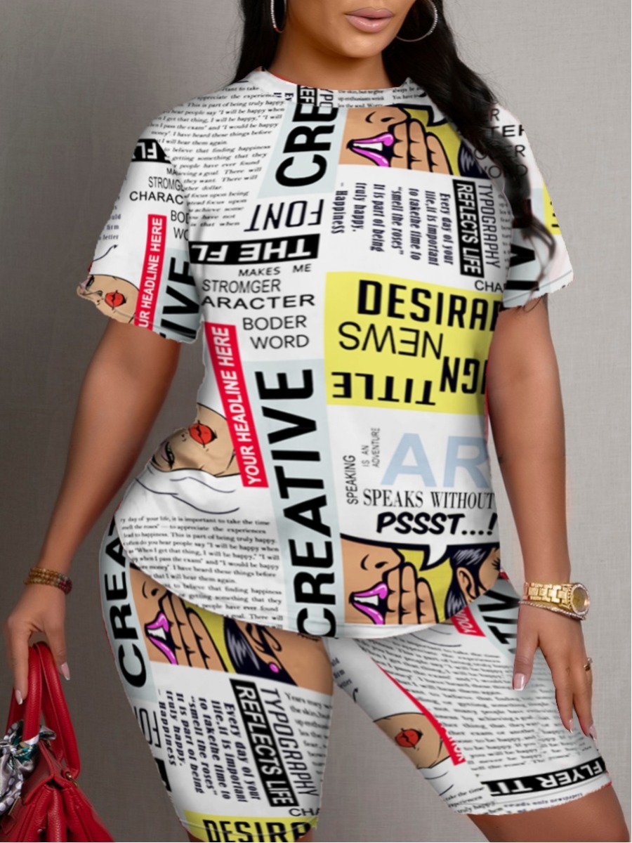 

Lovely Street Newspaper Letter Print White Two Piece Shorts Set