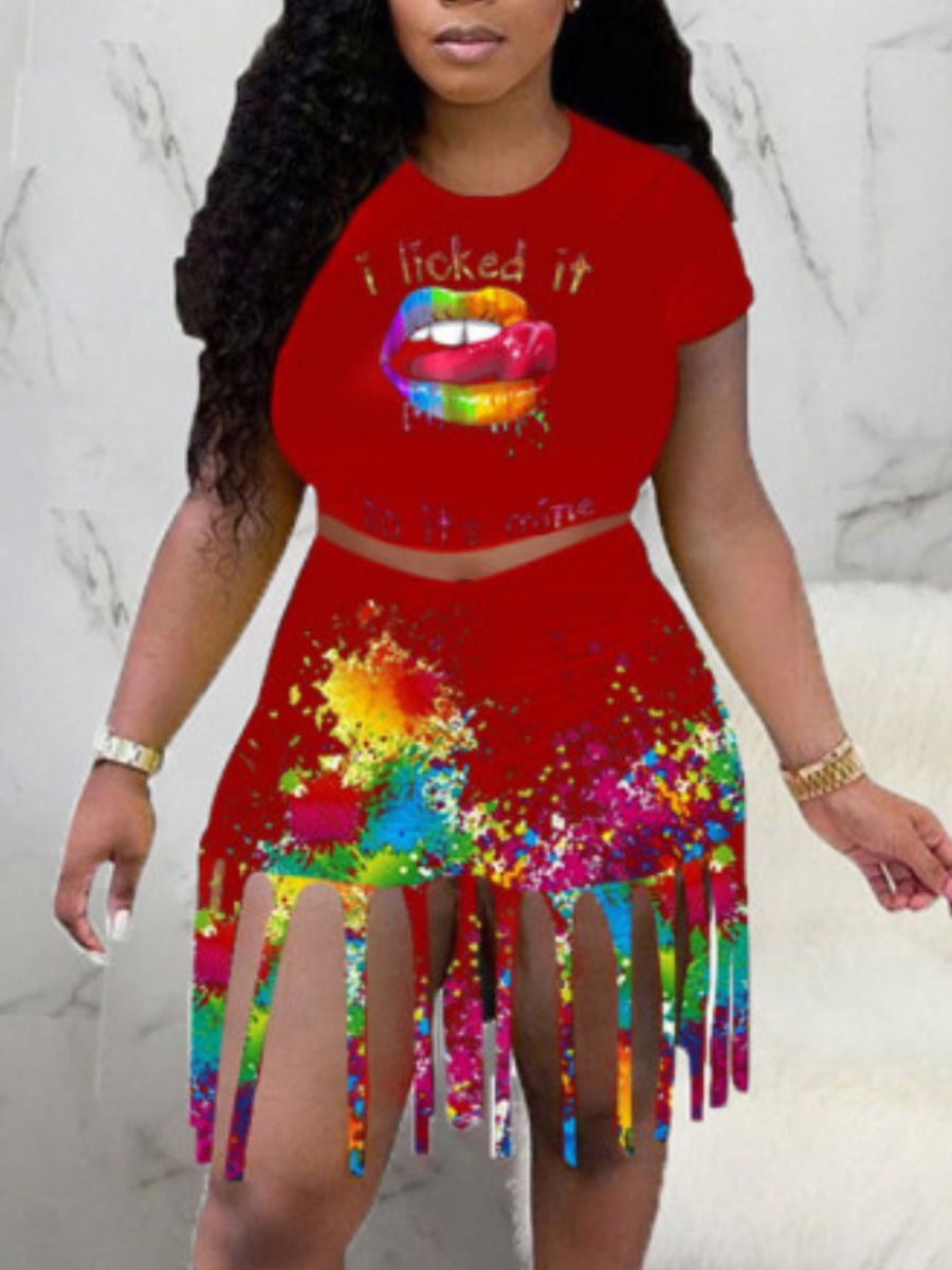 

LW Plus Size Street Lip Print Tassel Design Wine Red Two-piece Shorts Set