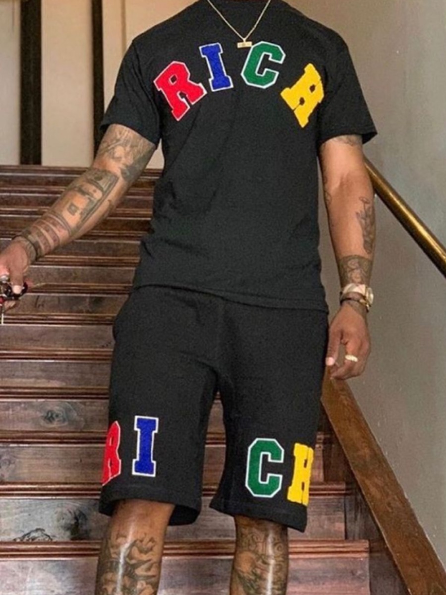 

LW Men Casual Round Neck Letter Print Black Two Piece Shorts Set