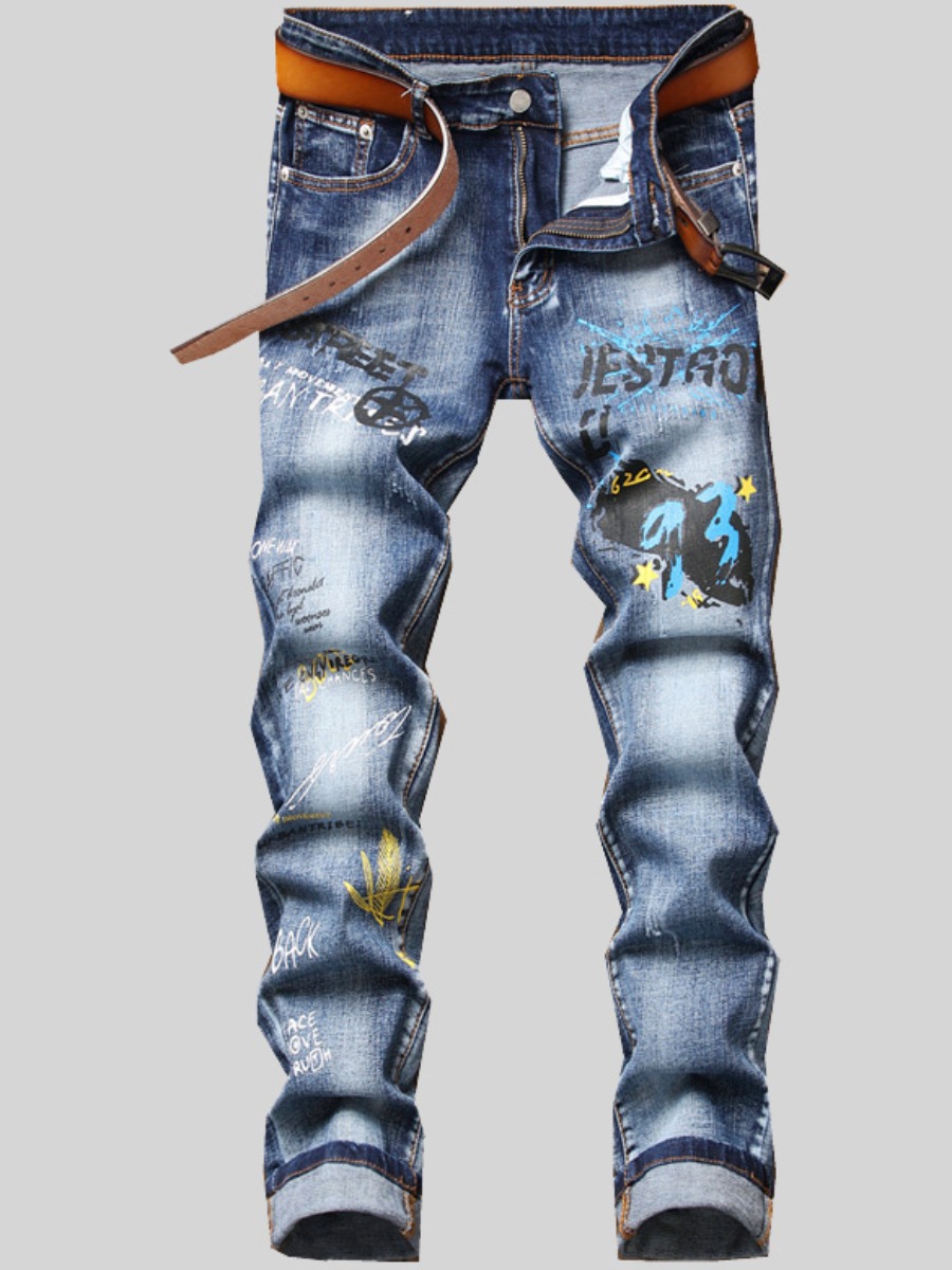 

Lovely Men Casual Graffiti Star Print Blue Jeans