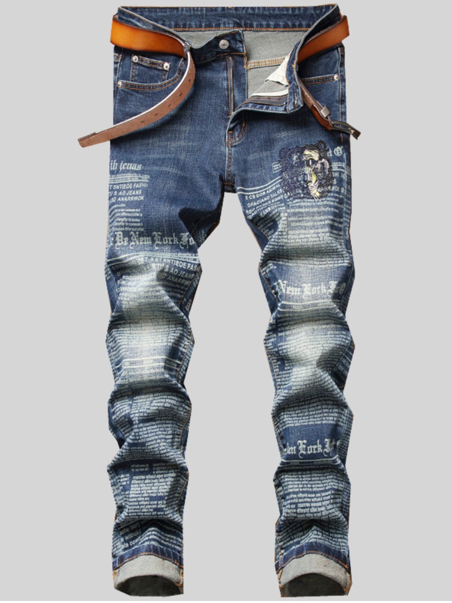 

Lovely Men Casual Mid Waist Letter Print Blue Jeans