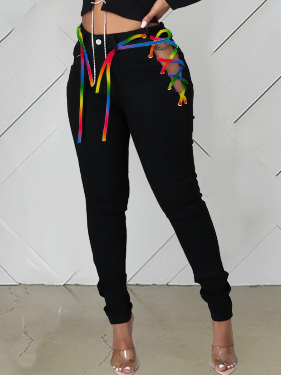

Lovely Street Bandage Hollow-out Design Black Jeans