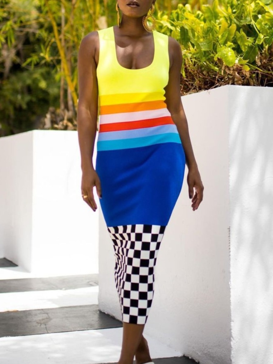 

LW Casual Plaid Print Striped Multicolor Mid Calf Dress, Multi