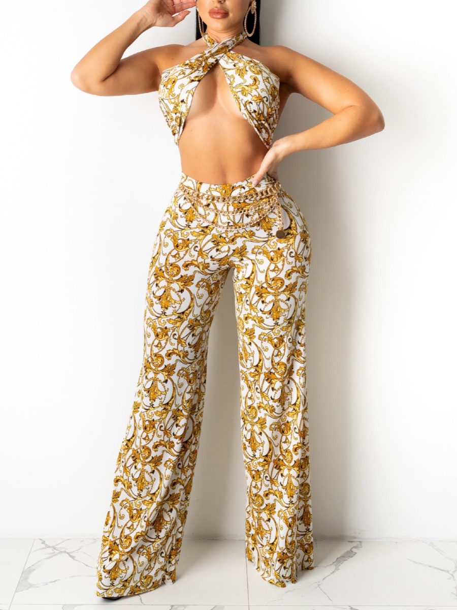 

LW SXY Floral Print Bandage Design Yellow Two Piece Pants Set （Without Chain）