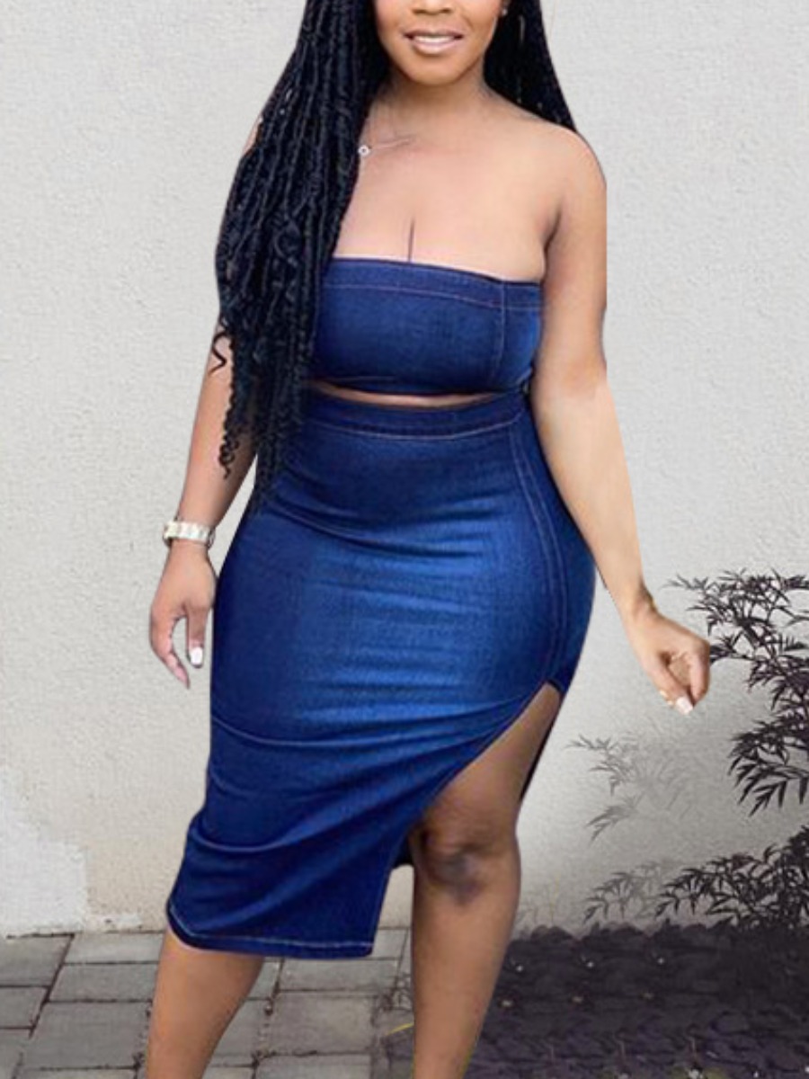 

Lovely Casual Off The Shoulder Slit Blue Denim Two Piece Skirt Set, Deep blue