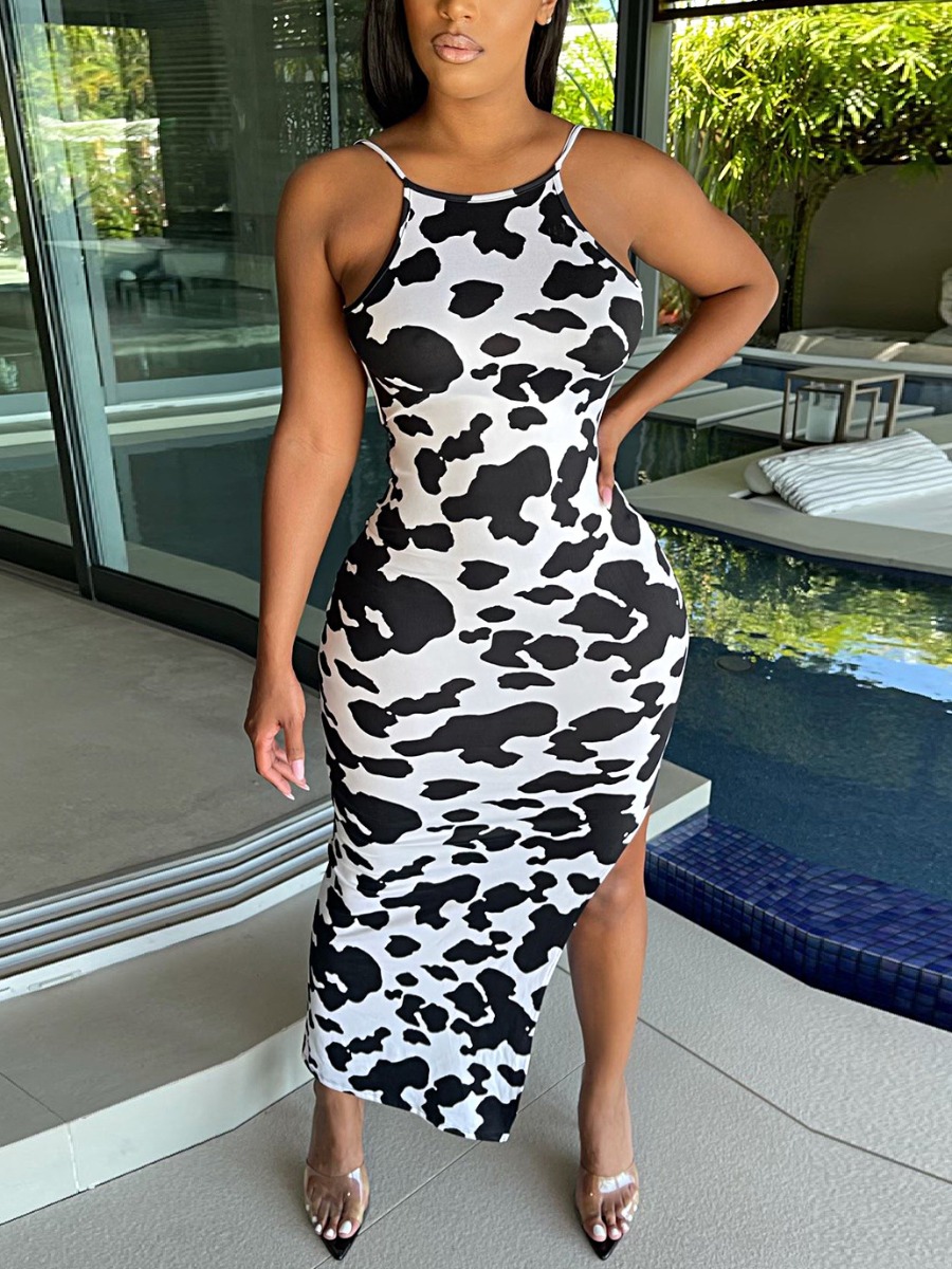 

Lovely Sexy Cow Grain Backless Slit Ankle Length Dress