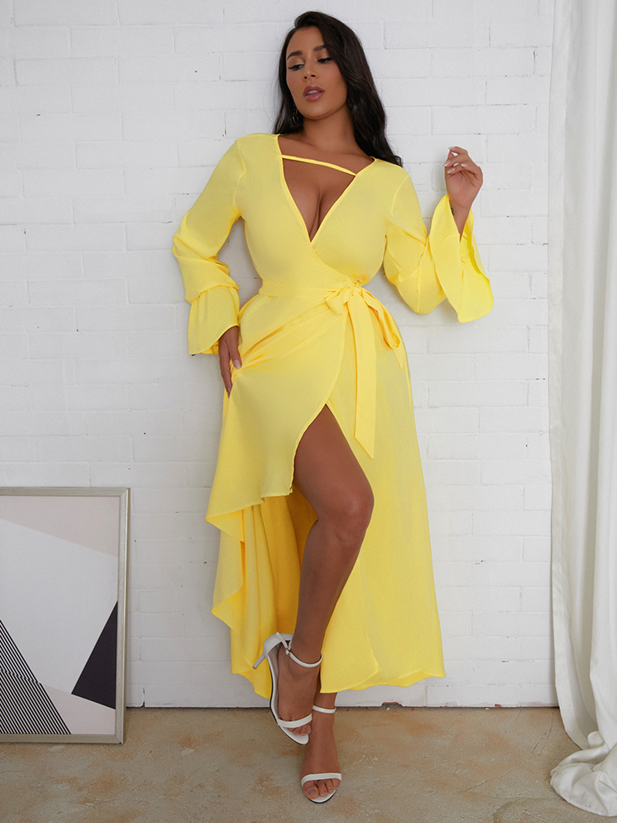 

Lovely Boho Cross-over Bandage Design Yellow Ankle Length A Line Dress