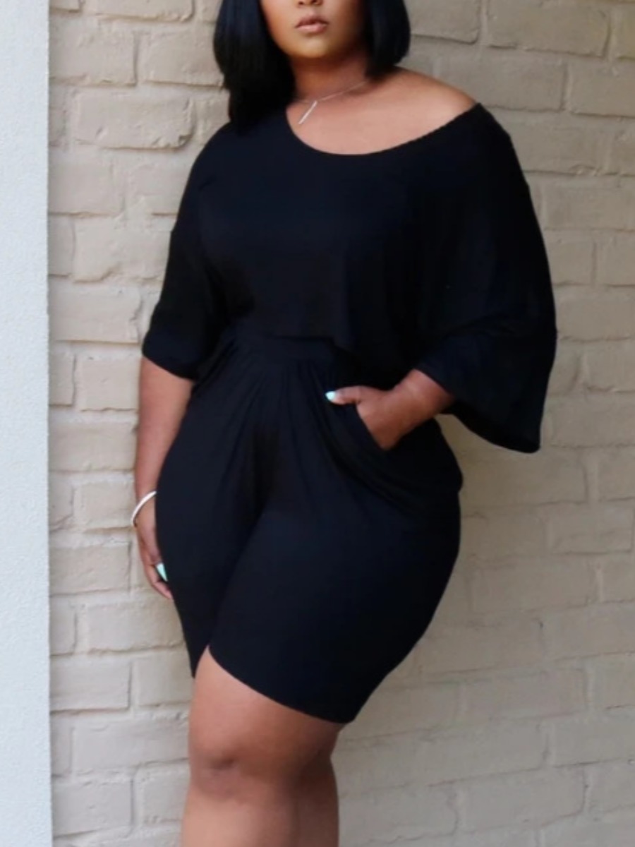 

Lovely Plus Size Casual Dropped Shoulder Elastic Black Two-piece Shorts Set