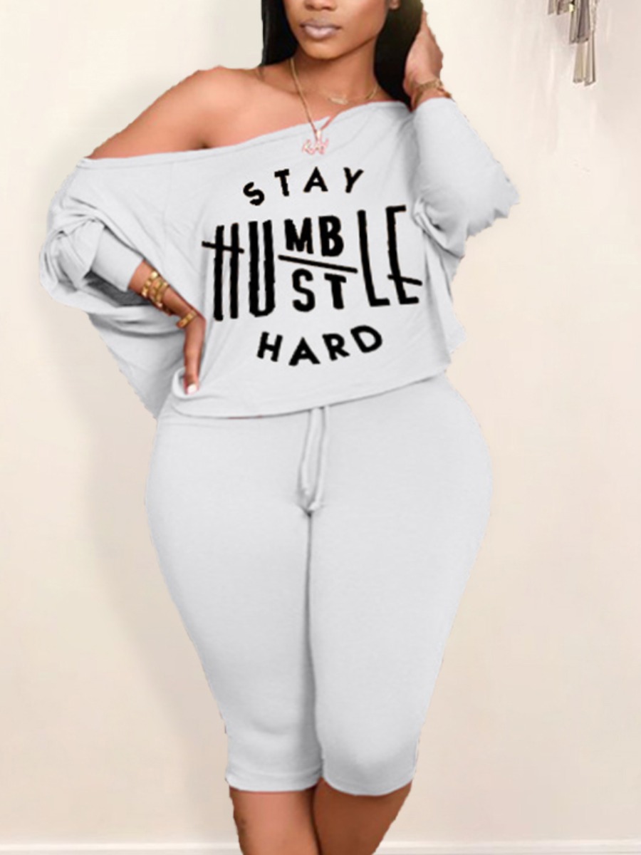 

Lovely Plus Size Casual Letter Print Drawstring Light Grey Two-piece Shorts Set